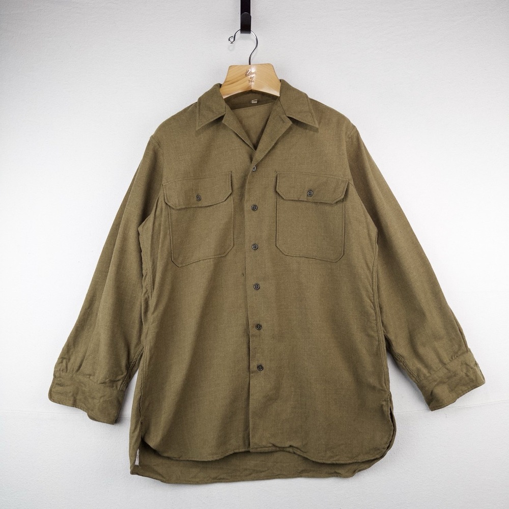 40's Vtg WWII Wool Gas Flap Army Military Button Uniform Work Shirt Gussets 44-L